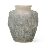 René Lalique, Domremy Vase, Marcilhac 979, model introduced 1926, molded iridescent glass with blue patina, engraved signature 'R