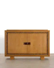 Cabinet by Jacques Adnet, oak, glazed and enameled ceramic, sold Apr 2018