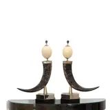Anthony Redmile, Pair of Tusks on Stands, silver plated, horn, malachite, ebonized wood, ostrich egg