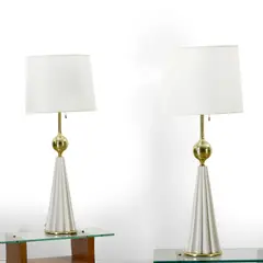 Gerald Thurston, Pair of Table Lamps, for Lightolier, brass, ceramic, paper shades