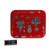 Box and Tavola Antica Tray by Piero Fornasetti, transfer-printed enameled metal, box with mahogany liner, offered Apr 2018