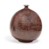 Peter Voulkos, Bottle, glazed stoneware, incised 'Voulkos' signature partially obscured by masking tape with worn inscription, '66' in red paint