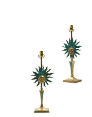 Pair of Sun Table Lamps by Pepe Mendoza, brass, bronze and malachite, each stamped with maker's marks, offered Apr 2018
