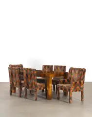 Cityscape Dining Set by Paul Evans, for Directional USA, burled walnut, upholstery, offered Apr 2018