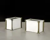 John Dickinson, Two Custom End Tables, stainless steel, brass, and vinyl-trimmed canvas