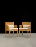 John Dickinson, Set of Six Custom Armchairs, carved and bleached oak with canvas pillows