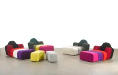 Pierre Charpin, Pair of Slice Sofas with Two Poufs, produced 1998 for Cinova, multi colored upholstery