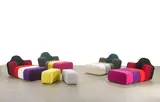 Pierre Charpin, Pair of Slice Sofas with Two Poufs, produced 1998 for Cinova, multi colored upholstery
