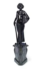 Fritz Christ, 'Salome' a Patinated Modernist Bronze Study of the Biblical Figure Clasping the Head of John the Baptist, raised off a carved marble base with three stylised ram guardians and incised with hieroglyphics