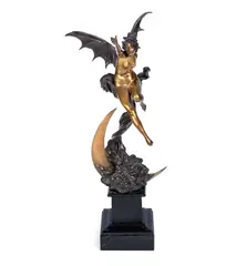 Oswald Schimmelpfennig, 'Spirit of the Night' a Powerful Art Nouveau Gilded Bronze Study of a Winged Female Figure, 1897, she is depicted rising from a crescent moon off a marble plinth base