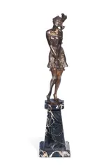 an Art Deco Gilded Bronze Study of a Young Woman in Chemise and Garters by Bruno Zach, circa 1925, raised off a tall variegated marble plinth, sold Jun 2018