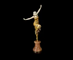 Paul Philippe, 'Russian Dancer' a Large Size Art Deco Carved Ivory and Gilded-Bronze Model, circa 1925, raised off a pale rose-coloured marble base