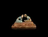 'Tender Promises' an Art Deco Patinated Bronze and Carved Ivory Group by Demetre Chiparus, circa 1925, modelled as a costumed pair of young lovers in tender confrontation, they kneel on a variegated stepped marble base, sold Jun 2018
