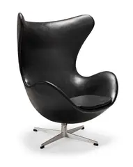 An Egg chair, designed 1958, this example manufactured in 1965 by Fritz Hansen by Arne Jacobsen, Fibre-glass shell, black vinyl upholstery, steel revolving base, bearing manufacturer's labels to the stem, offered Nov 2018