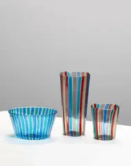 Two 'Sette Colori' Table Articles by Gio Ponti, glass with polychromed canes, together with an A Canne bowl by Venini, sold Oct 2017