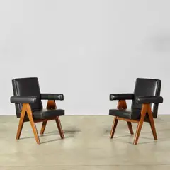 Pierre Jeanneret, Pair of Committee Chairs, teak and leather