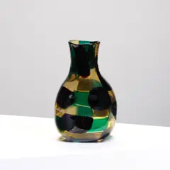 Pezzato Vase by Fulvio Bianconi, patchwork glass in American variant colorway, acid etched three line circular signature 'venini ITALY murano', partial p, sold Oct 2017