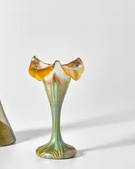 Floriform Vase by Quezal, decorated iridescent glass with pulled feather motif, engraved 'Quezal S L51', offered Dec 2017