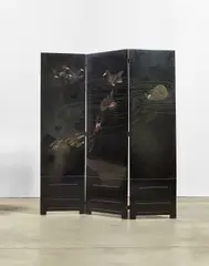 Three-Panel Screen by Jean Dunand, lacquered wood, one panel engraved 'JEAN DUNAND', offered Dec 2017
