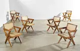 Set of Six Office Armchairs by Pierre Jeanneret, teak, cane, painted mark to each example 'CA/CH/12/64, CA/CH/12/67, CA/CH/12/72, CA/CH/12/083, CA/CH/12/089', sold Dec 2017