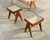 Pair of Low Stools by Pierre Jeanneret, teak, cane, one stool with painted mark 'P, sold Dec 2017
