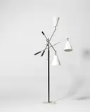 Arredoluce, Three Arm Floor Lamp, chrome-plated brass, enameled aluminum, leather, marble, top of stem stamped 'MADE ITALY'