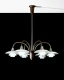 Six-Armed Cascade Ceiling Light, Type 2/1 Shades by Poul Henningsen, for Louis Poulsen, patinated metal, Bakelite, frosted glass, ceiling rose with molded mark 113, sold Dec 2017