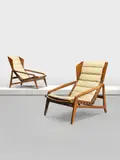 A pair of Modello 811 armchairs c.1957 for Cassina by Gio Ponti, Walnut, woven fabric upholtsery (original and modern replacement set), both chairs with manufacturer's label, sold Oct 2017