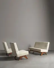 Pierre Jeanneret, Lounge suite, circa 1955-56, teak, foal hide upholstery