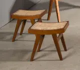 Pair of Low Caned stools, circa 1955-56 by Pierre Jeanneret, rattan, offered Jun 2016