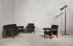 and Pierre Jeanneret (1896-1967) 
Advocate and Press lounge suite, circa 1955-56 by Le Corbusier, teak, upholstery, painted mark to stretcher of sofa PSA/CH/028, painted mark to one chair PSA/CH/030, and PSA/CH/029, sold Jun 2016