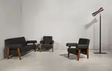 Le Corbusier, and Pierre Jeanneret (1896-1967) 
Advocate and Press lounge suite, circa 1955-56, teak, upholstery, painted mark to stretcher of sofa PSA/CH/028, painted mark to one chair PSA/CH/030, and PSA/CH/029