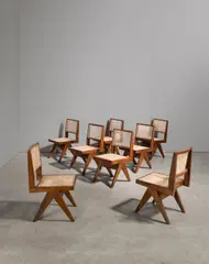 Pierre Jeanneret, Set of eight Chairs V Type Cane Seat Cane Back, circa 1958-59, rattan