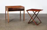 Illum Wikkelso, Suite of three folding tables, designed circa 1960 for Silkeborg, rosewood, brass, manufacturer's metal label to underside