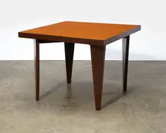 Square table by Pierre Jeanneret, teak, with painted inventory number, sold Apr 2015