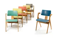 Robin Day, Set of six Hillestack chairs, designed 1950, for Hille, ash, beech, vinyl,
