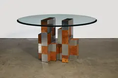 Paul Evans, Cityscape dining table, designed and manufactured circa 1975, for Directional, maple burl, chrome plated steel, glass, engraved signature to the base 'Paul Evans'