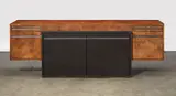 Credenza by Paul Evans, designed and manufactured circa 1975, for Directional, maple burl, leather, sold Apr 2015