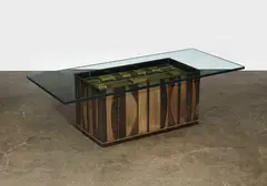 Coffee table by Curtis Jeré, patinated and painted metal, glass, signed '© C, sold Apr 2015
