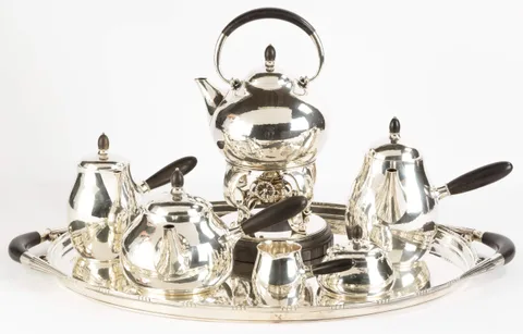 Six Piece Sterling Silver Tea Set with Tray by Georg Jensen, sold Sep 2017