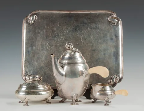 Sterling Silver 3-Piece Tea Set with Matching Tray by Georg Jensen, sold Sep 2015