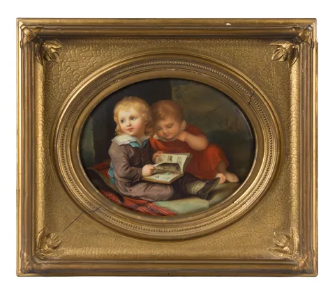 Painting on Porcelain of Children Reading a Book by Kpm, sold Mar 2018
