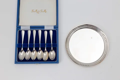 Georg Jensen, Sterling Silver Tray & Six English Sterling Silver Demitasse Spoons