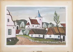 Josef Lada, Village Green with Chapel, 1944, Pencil, watercolor and gouache on paperboard