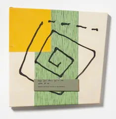 Martin Kippenberger, Hogar para almas que no solo quieren lo uno (Sammelplatz für Seelen, die nicht nur das Eine wollen), 1985, Bedrucktes Plexiglasschild und Acryl auf verschiedenen Stoffen