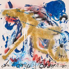"Goldenes Pferd mit Wagenrad" by Antonius Hoeckelmann, 1999, Acryl auf Leinwand, sold Mar 2023