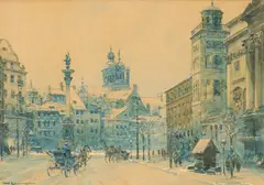 Polnische Schule, Der Schlossplatz in Warschau, Aquarell, weiß gehöht auf Papier