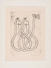 Konrad Klapheck, Wasserhähne mit Schlauch, 1974, Radierung auf chamoisfarbenem Bütten