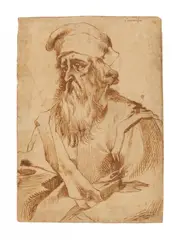 Domenico Peruzzini, Porträt eines bärtigen Mannes mit Mütze, Feder und Tusche auf beigem Papier