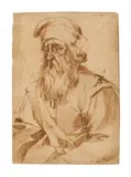 Domenico Peruzzini, Porträt eines bärtigen Mannes mit Mütze, Feder und Tusche auf beigem Papier
